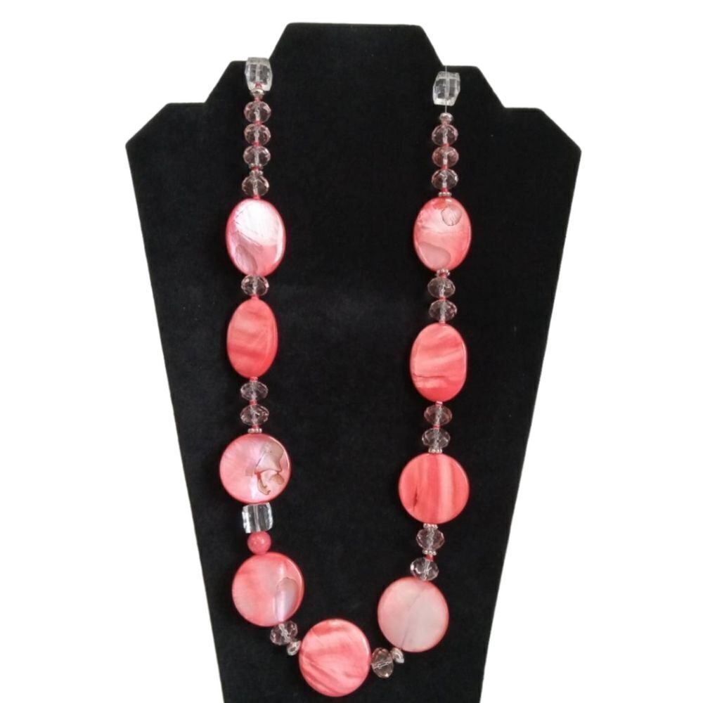 Flamingo Pink Dyed Abalone Shell and Clear Assorted Beaded Statement Necklace